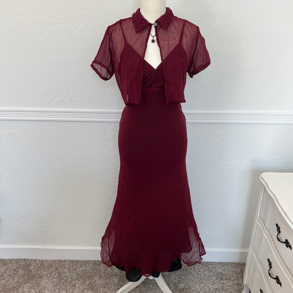 vintage maroon and black mesh overlay maxi dress with matching collared shawl